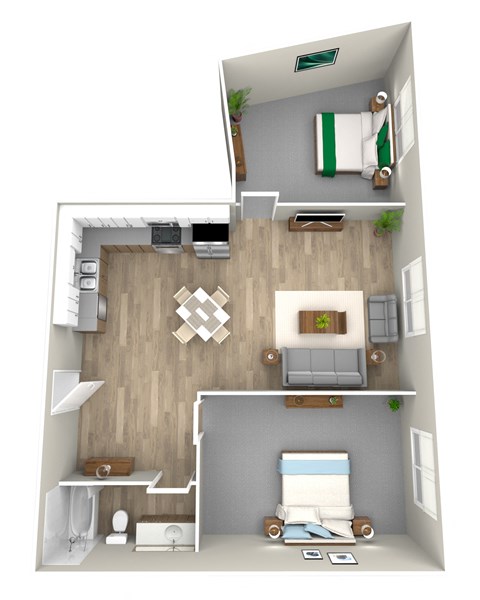 Floor plan for 2 beds, 1 bath, 835 sqft